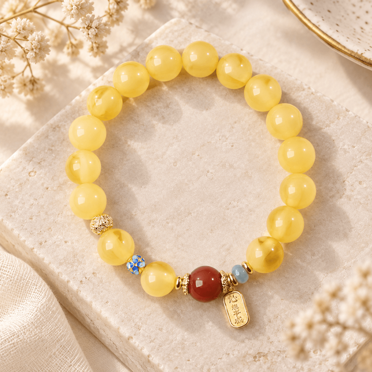 Beeswax Amber & Cloisonne Pixiu Bracelet - Ocean Rielle Studio