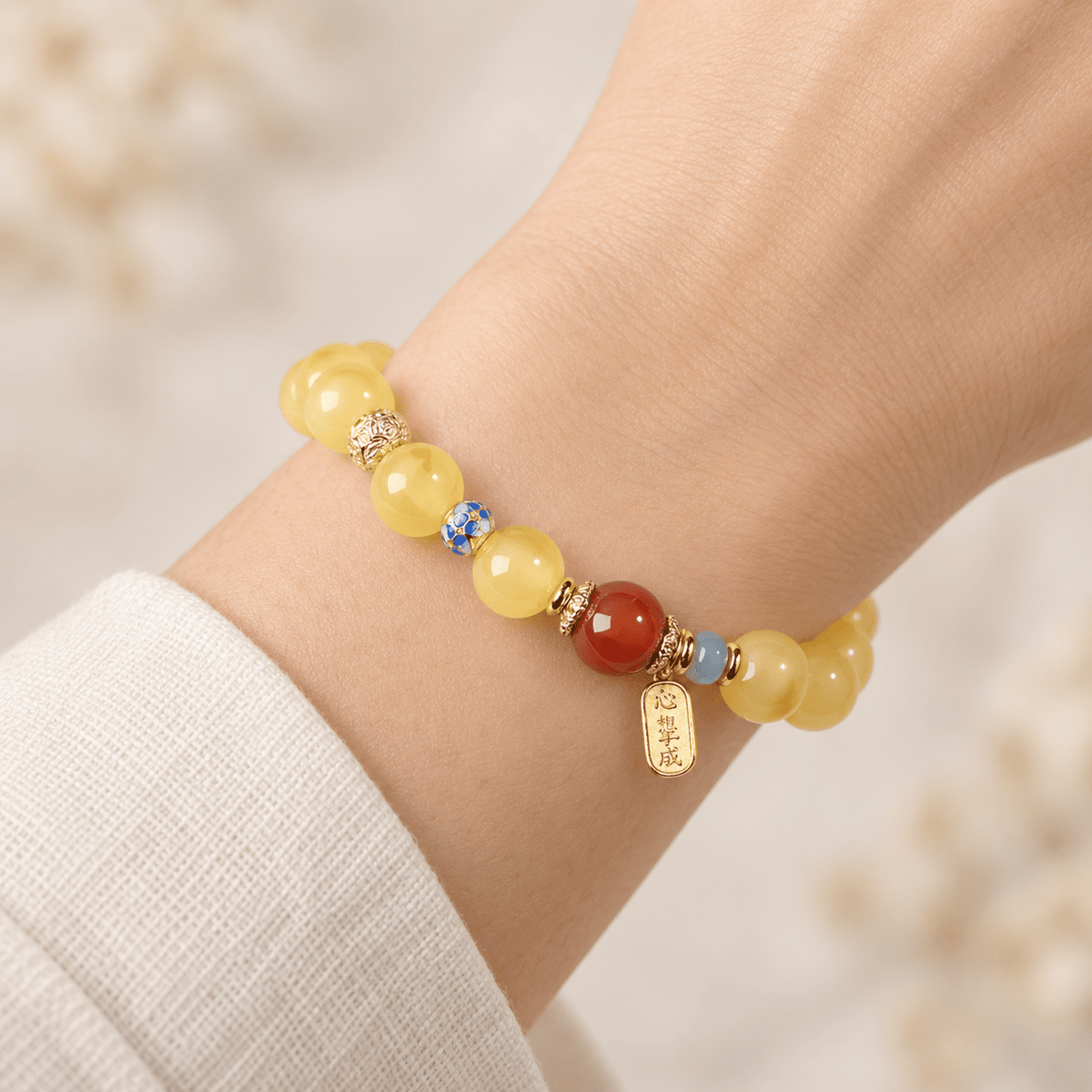 Beeswax Amber & Cloisonne Pixiu Bracelet - Ocean Rielle Studio