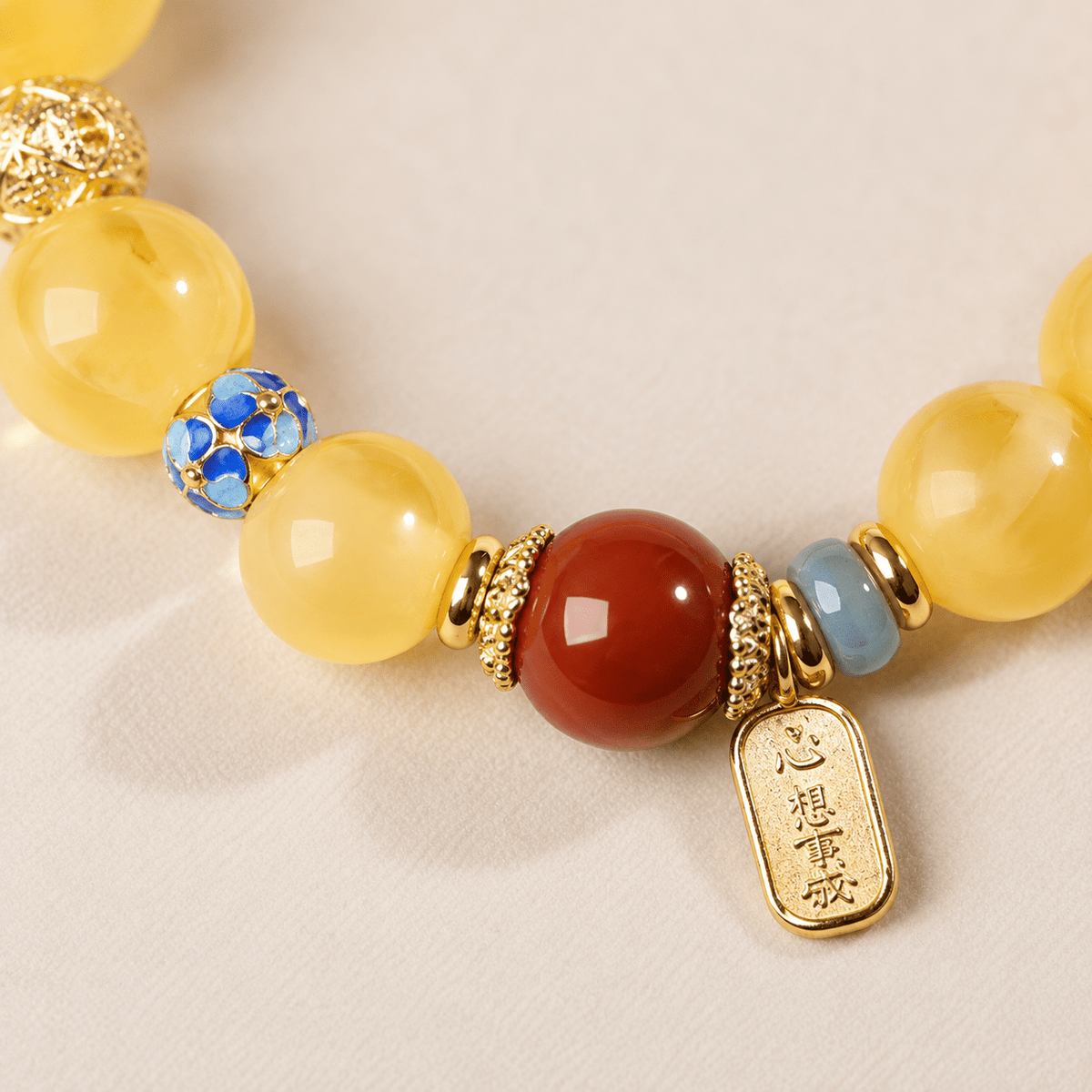 Beeswax Amber & Cloisonne Pixiu Bracelet - Ocean Rielle Studio