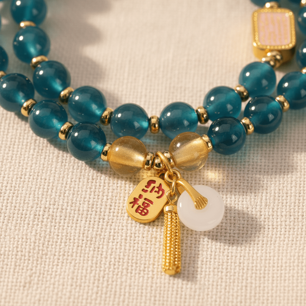 Blue Candy Agate Double-Wrap Lucky Lotus Bracelet — Tide Collection - Ocean Rielle Studio