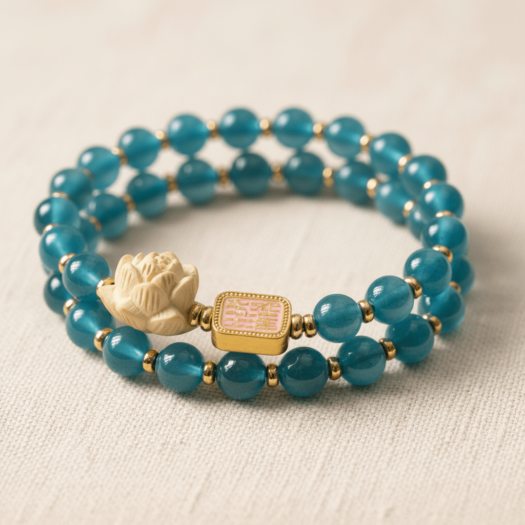 Blue Candy Agate Double-Wrap Lucky Lotus Bracelet — Tide Collection - Ocean Rielle Studio