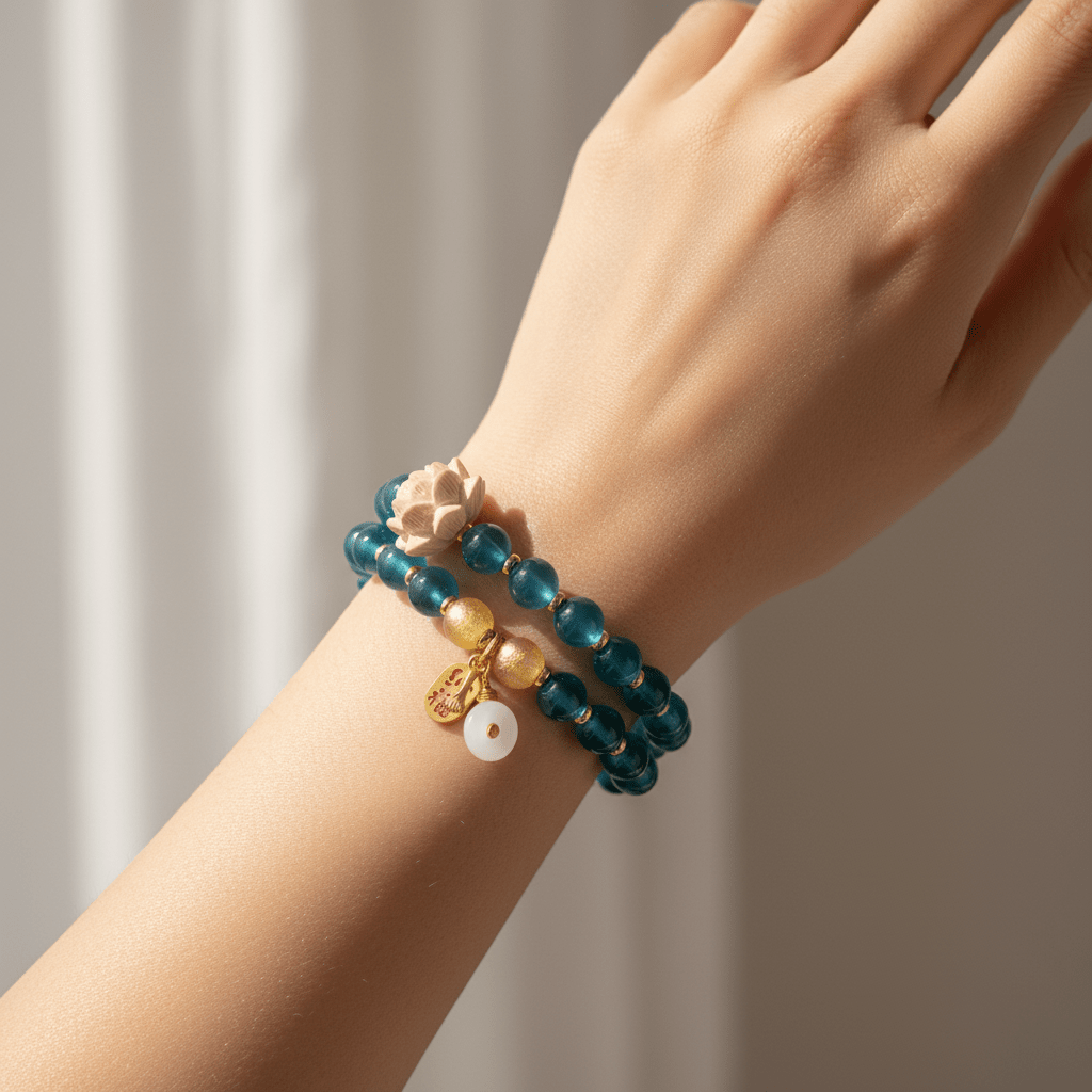 Blue Candy Agate Double-Wrap Lucky Lotus Bracelet — Tide Collection - Ocean Rielle Studio