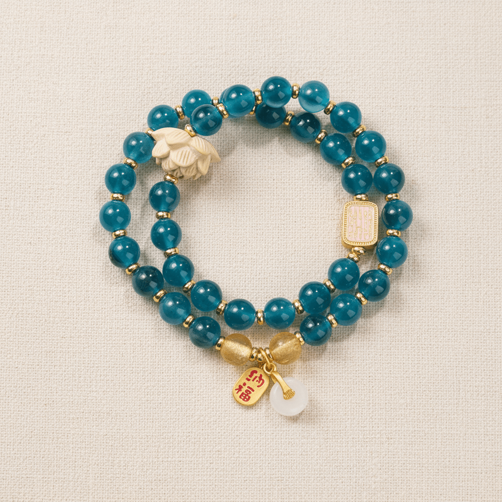 Blue Candy Agate Double-Wrap Lucky Lotus Bracelet — Tide Collection - Ocean Rielle Studio