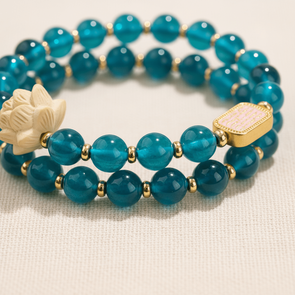 Blue Candy Agate Double-Wrap Lucky Lotus Bracelet — Tide Collection - Ocean Rielle Studio