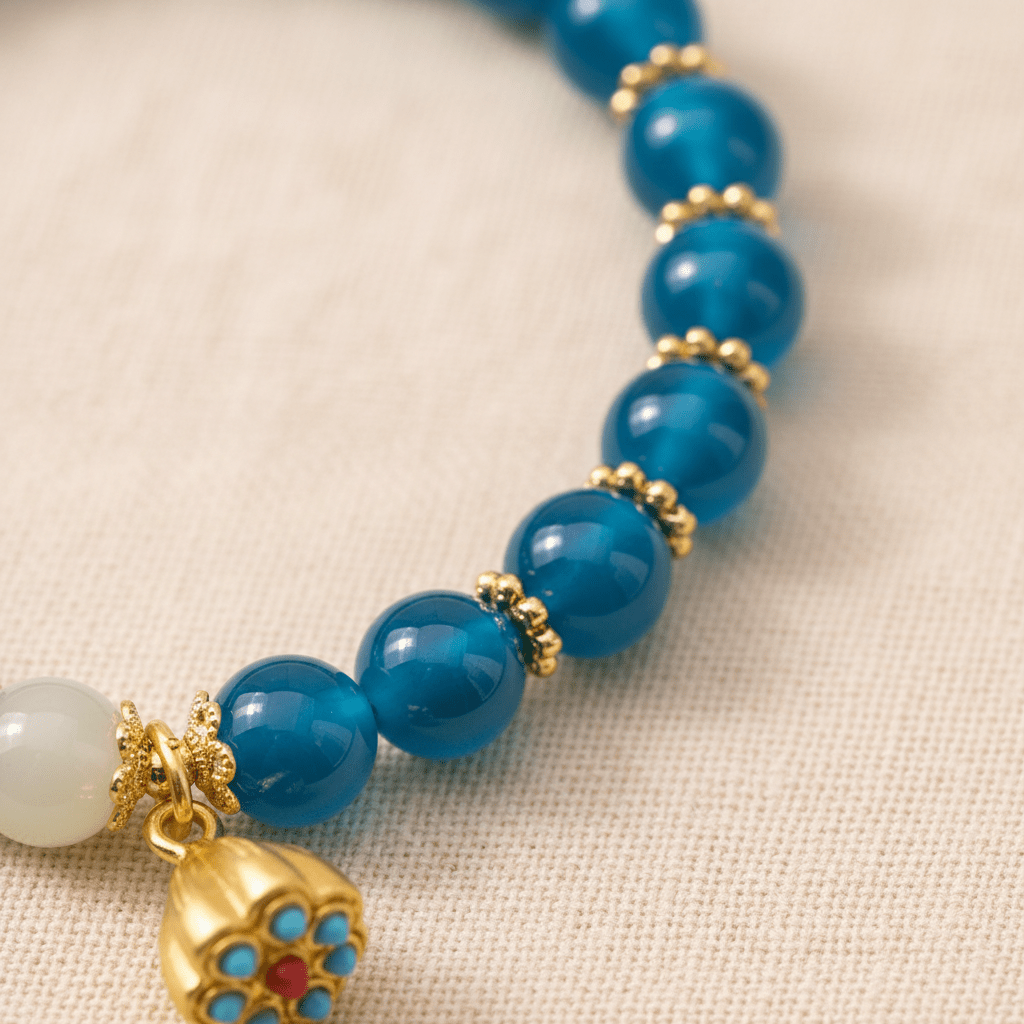 Blue Candy Agate Heart Sutra & Hetian Jade Bracelet — Tide Collection - Ocean Rielle Studio
