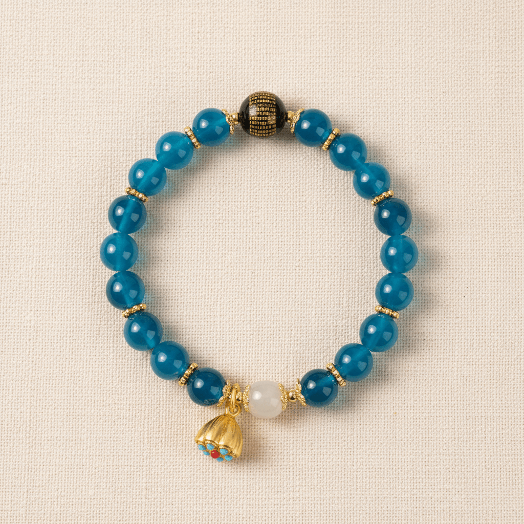 Blue Candy Agate Heart Sutra & Hetian Jade Bracelet — Tide Collection - Ocean Rielle Studio