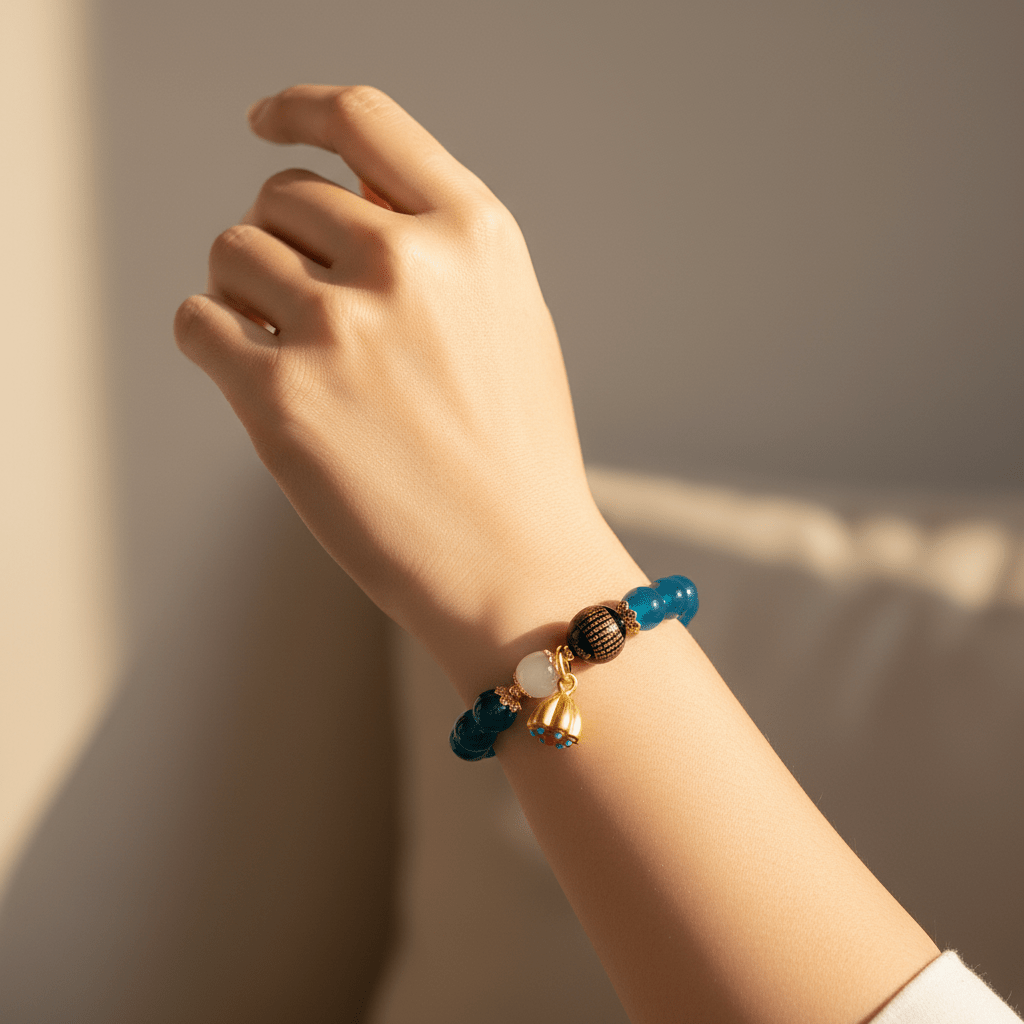 Blue Candy Agate Heart Sutra & Hetian Jade Bracelet — Tide Collection - Ocean Rielle Studio
