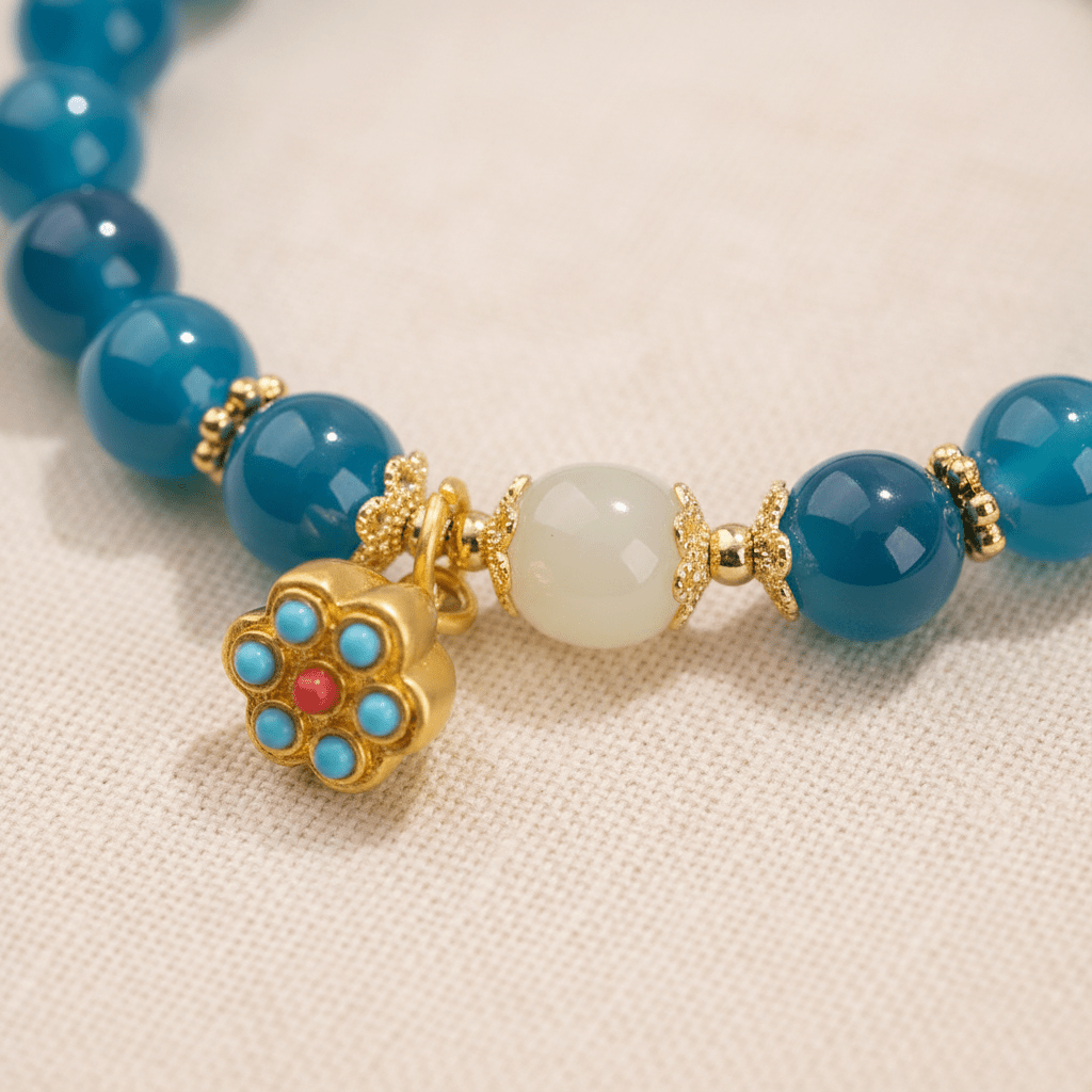Blue Candy Agate Heart Sutra & Hetian Jade Bracelet — Tide Collection - Ocean Rielle Studio