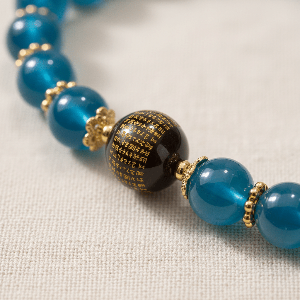 Blue Candy Agate Heart Sutra & Hetian Jade Bracelet — Tide Collection - Ocean Rielle Studio