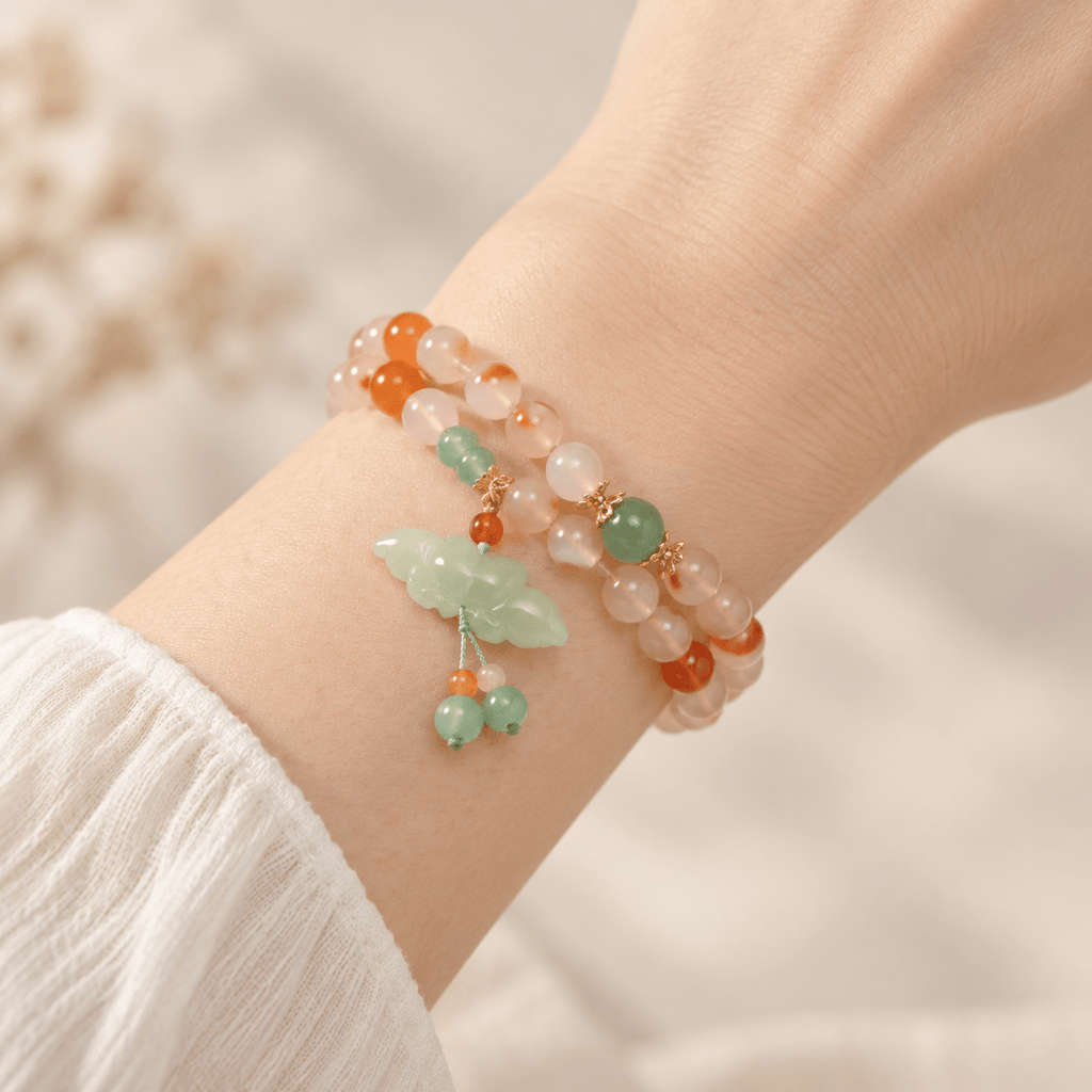 Carnelian Agate & Jade Butterfly Double-Wrap Bracelet - Ocean Rielle Studio