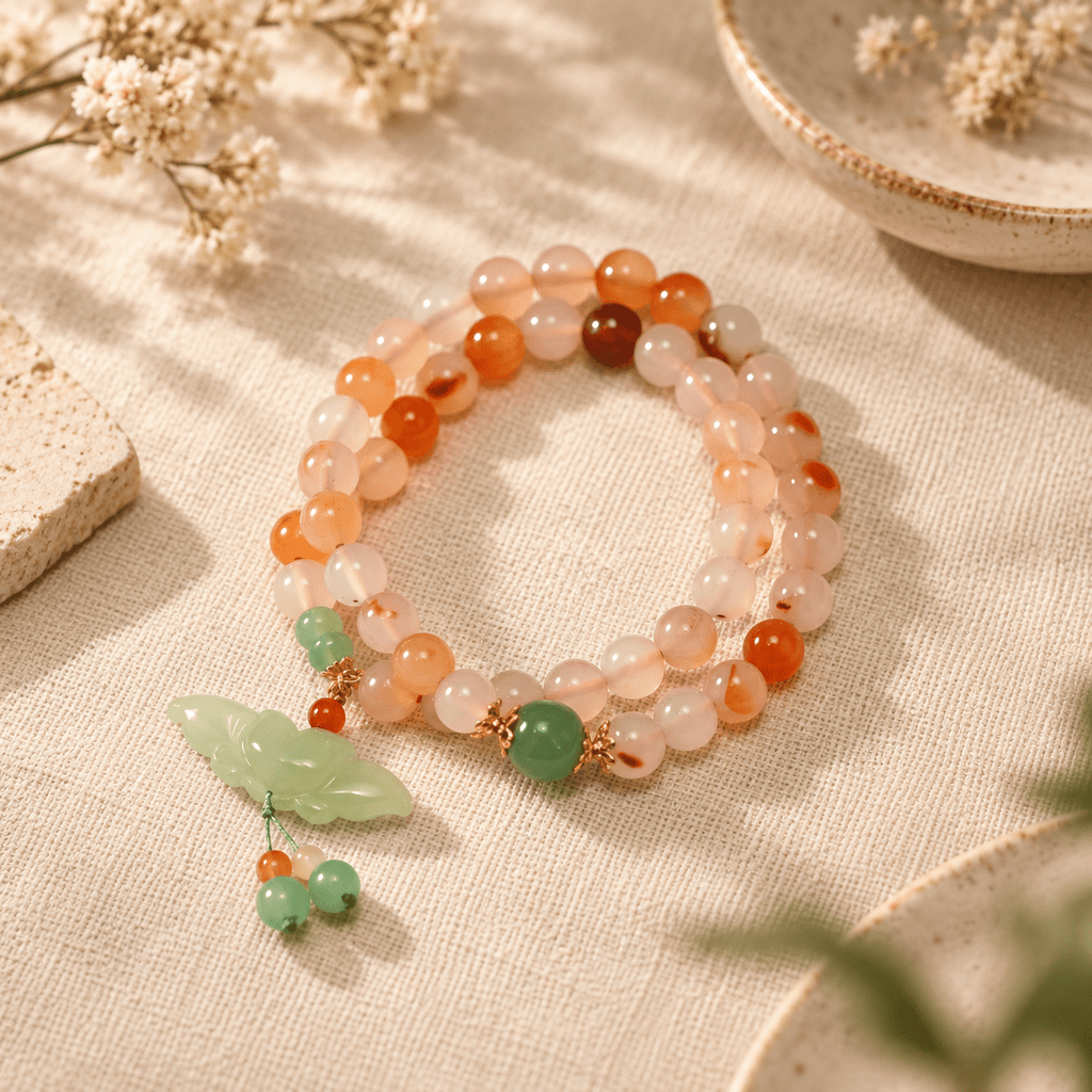 Carnelian Agate & Jade Butterfly Double-Wrap Bracelet - Ocean Rielle Studio