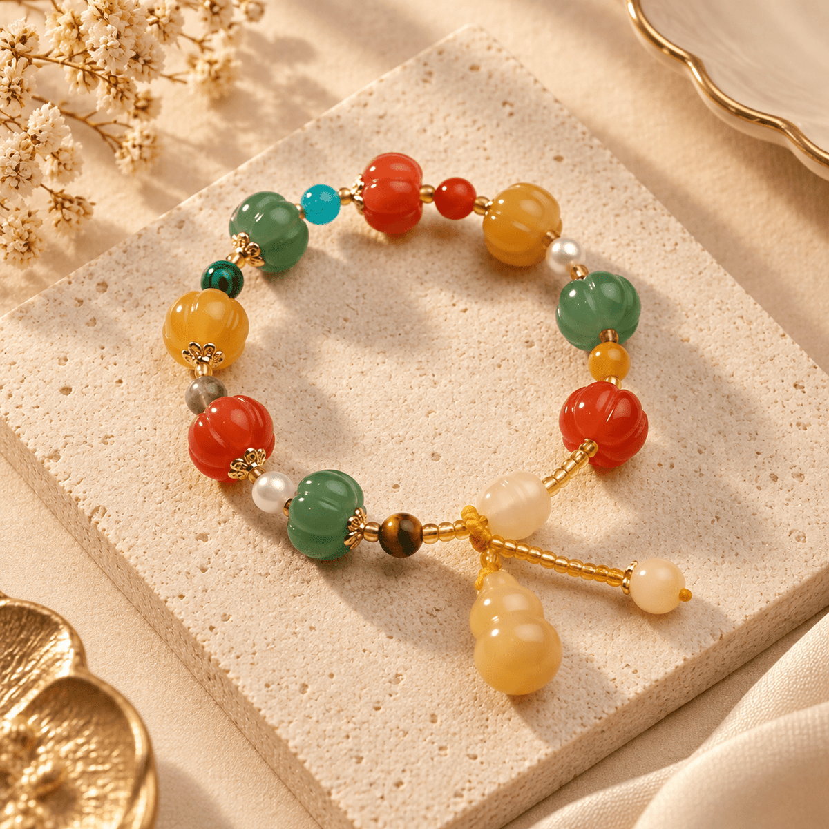 Five Elements Pumpkin Jade & Gourd Tassel Bracelet - Ocean Rielle Studio