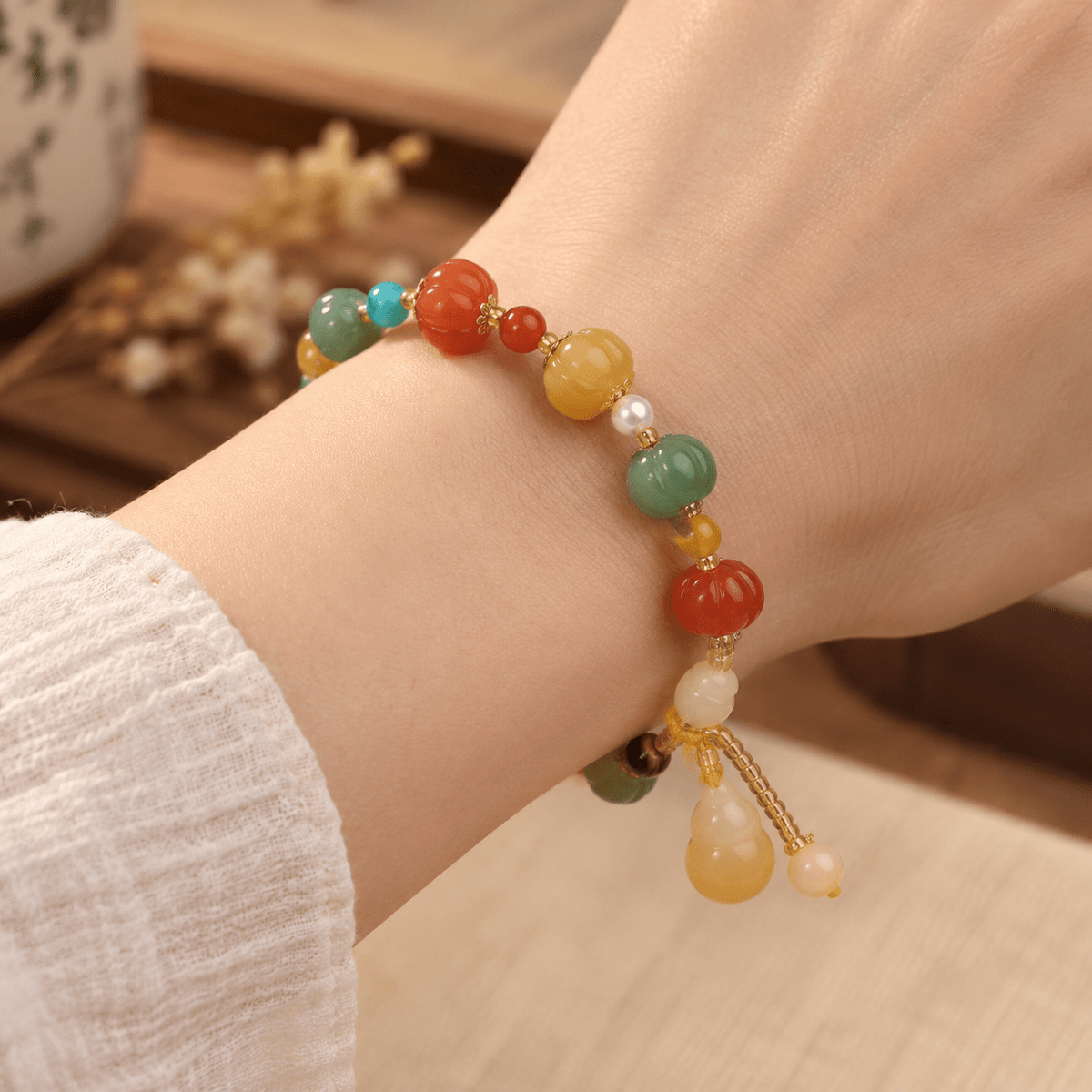 Five Elements Pumpkin Jade & Gourd Tassel Bracelet - Ocean Rielle Studio