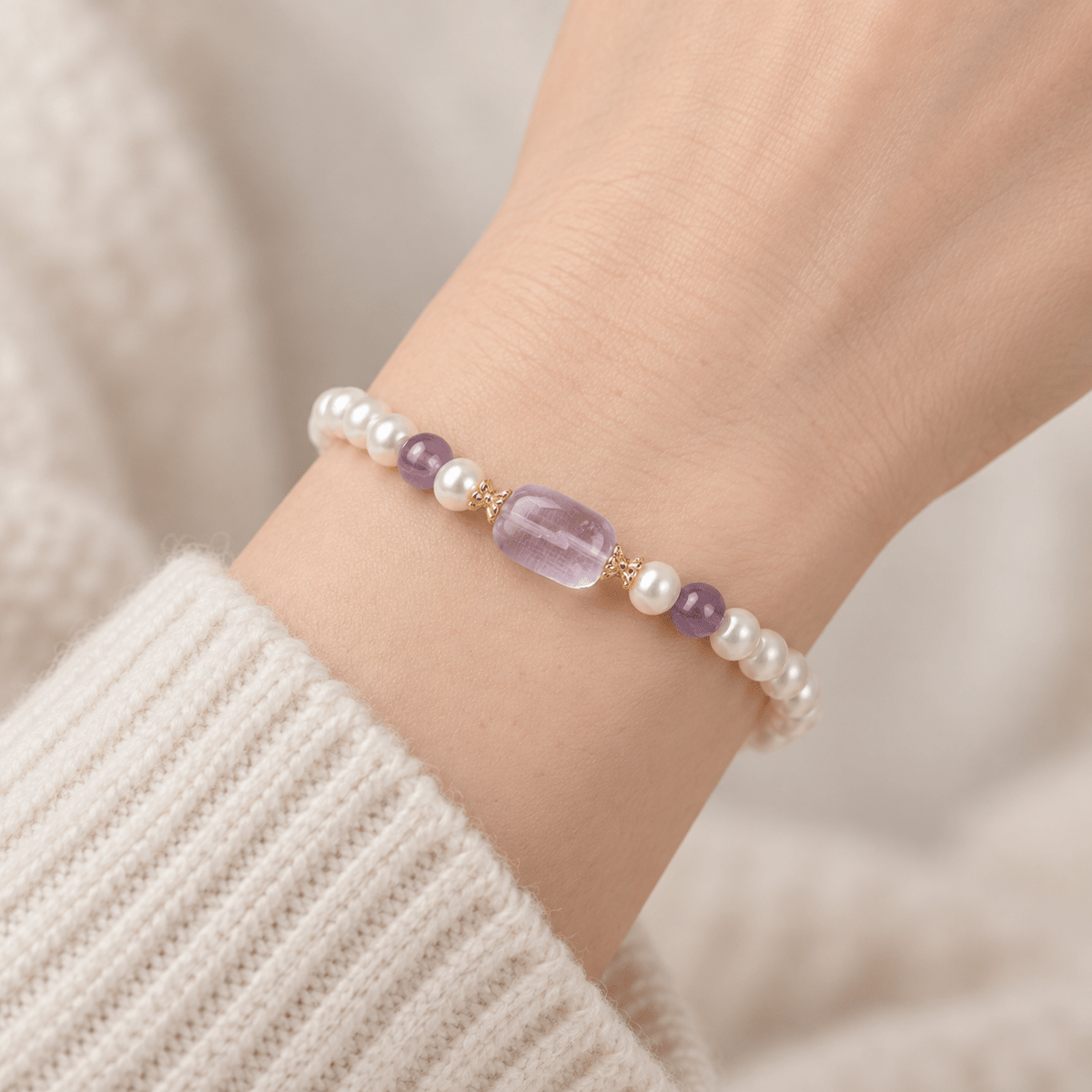 Freshwater Pearl & Freeform Amethyst Bracelet - Ocean Rielle Studio