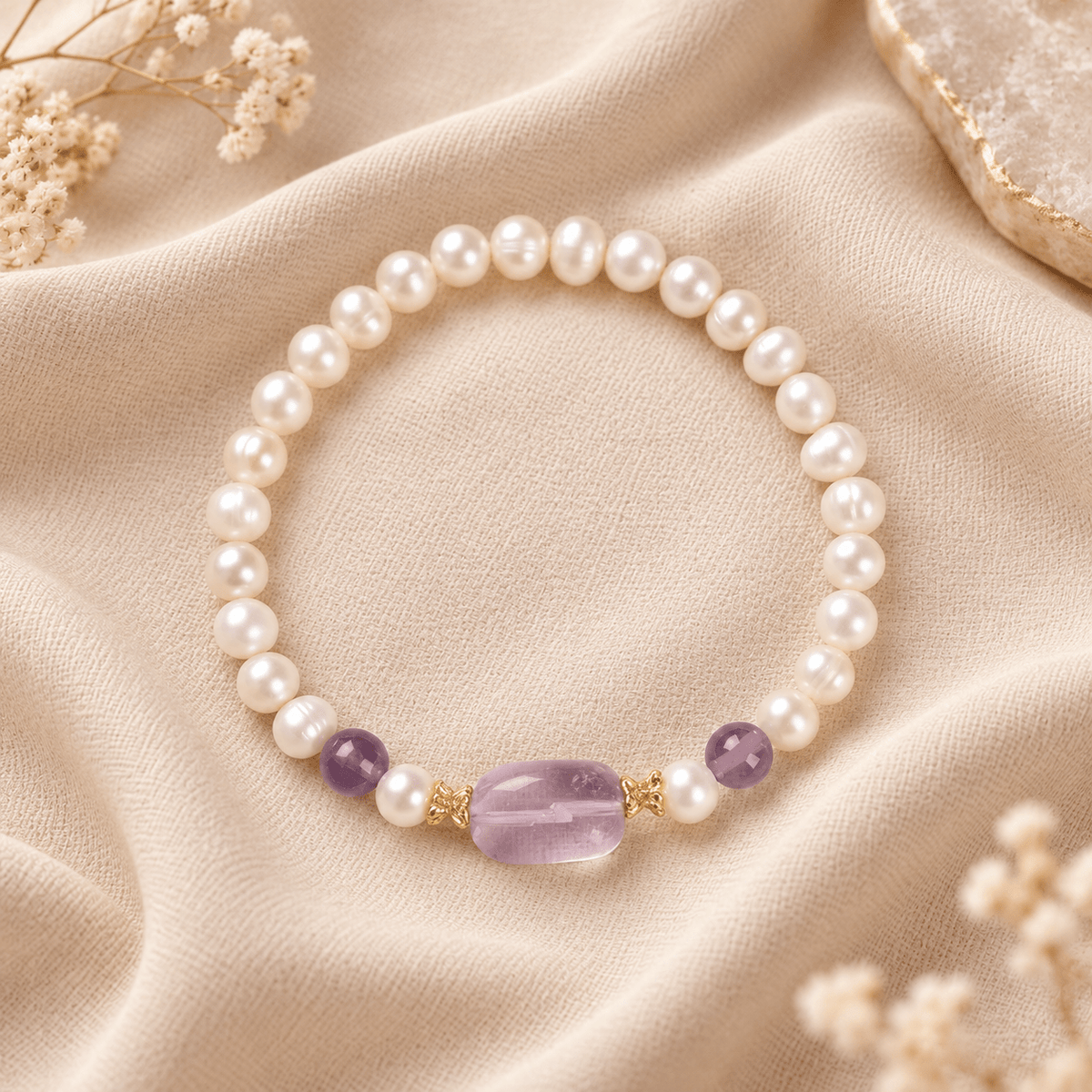 Freshwater Pearl & Freeform Amethyst Bracelet - Ocean Rielle Studio