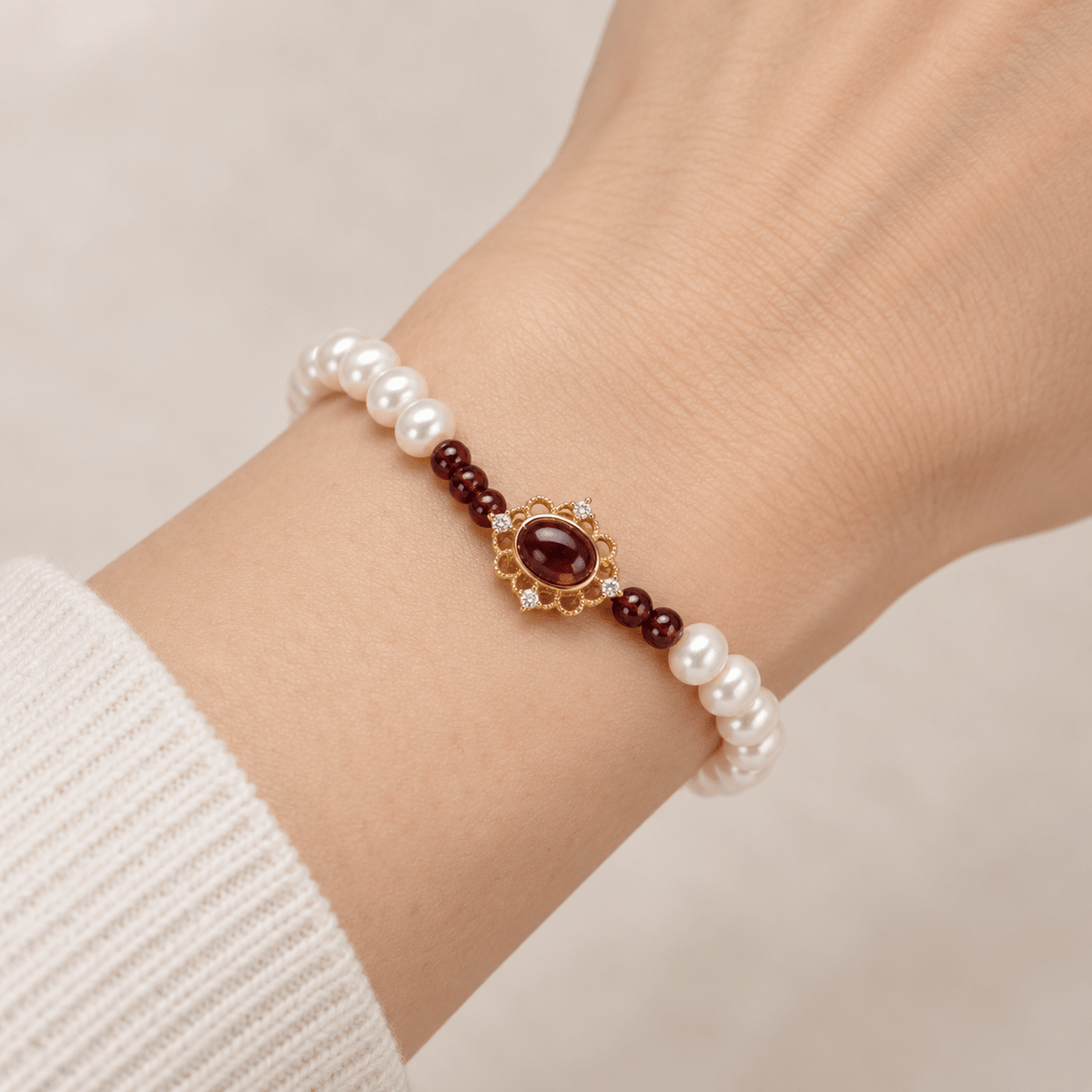 Freshwater Pearl & Garnet Lotus Bracelet - Ocean Rielle Studio
