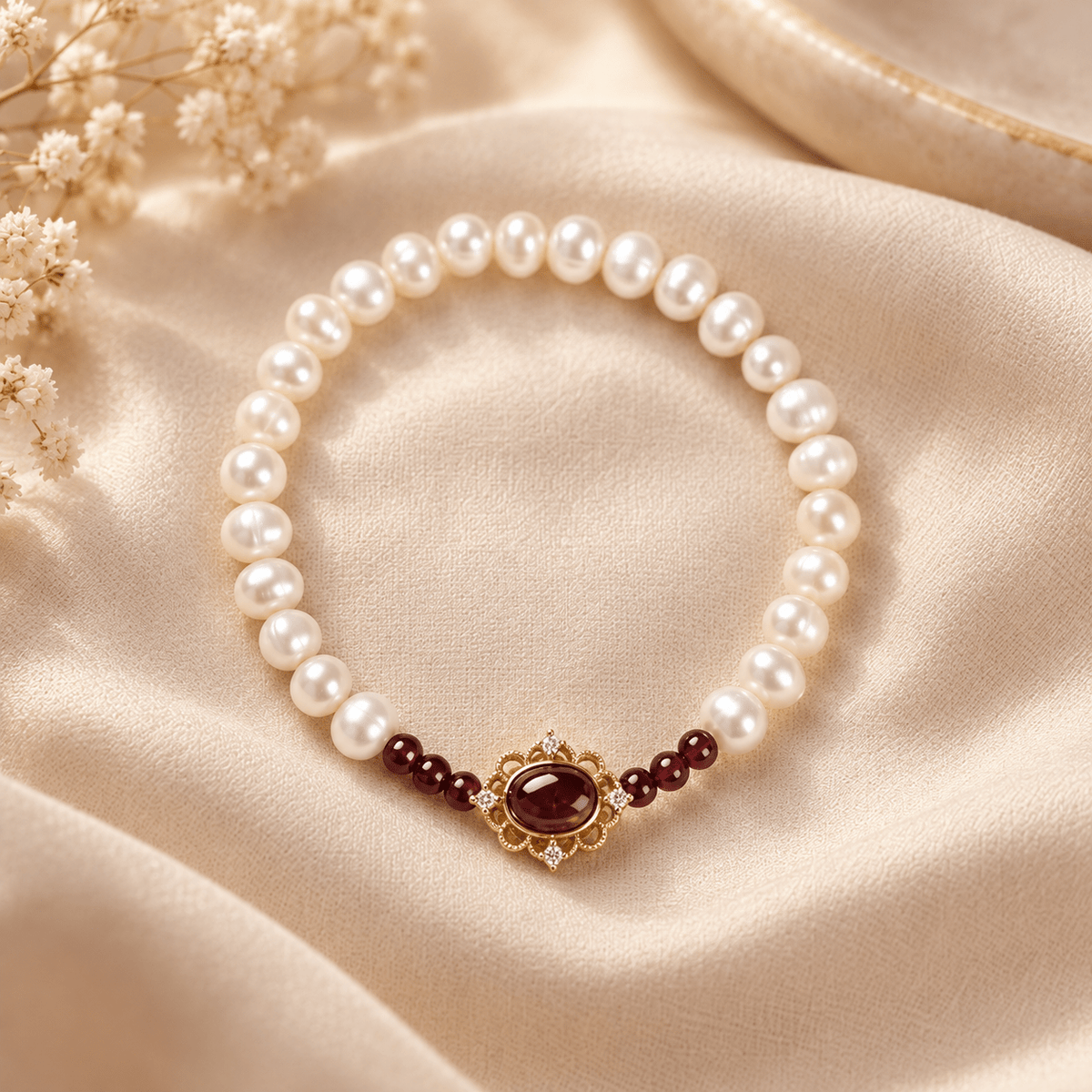 Freshwater Pearl & Garnet Lotus Bracelet - Ocean Rielle Studio
