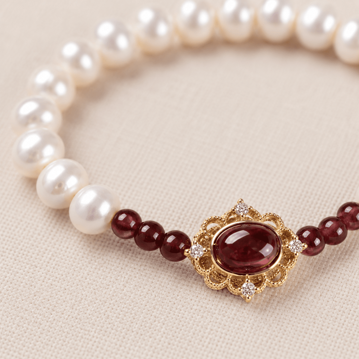 Freshwater Pearl & Garnet Lotus Bracelet - Ocean Rielle Studio