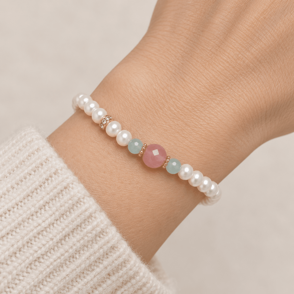 Freshwater Pearl & Strawberry Quartz Bracelet - Ocean Rielle Studio