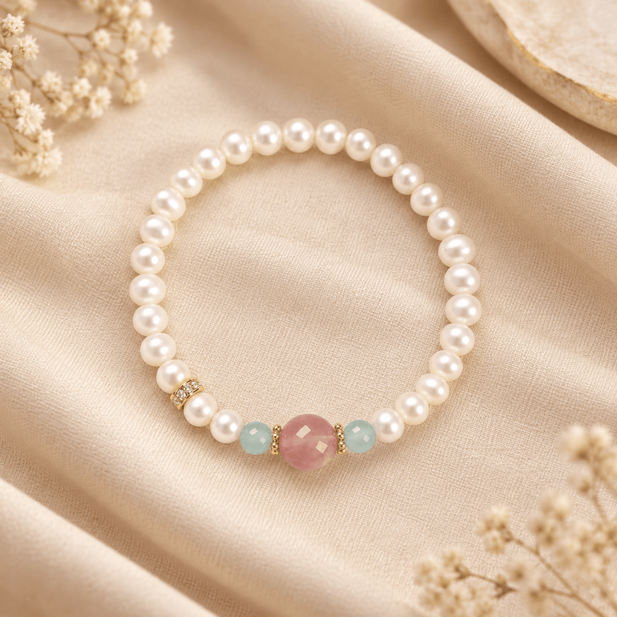Freshwater Pearl & Strawberry Quartz Bracelet - Ocean Rielle Studio