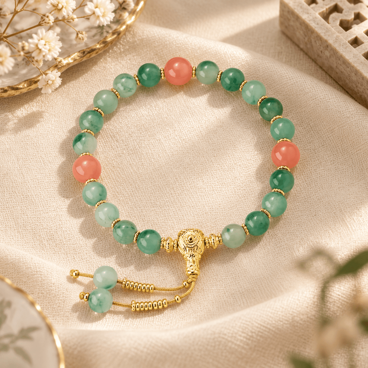 Green Aventurine & Carnelian Adjustable Bracelet - Ocean Rielle Studio