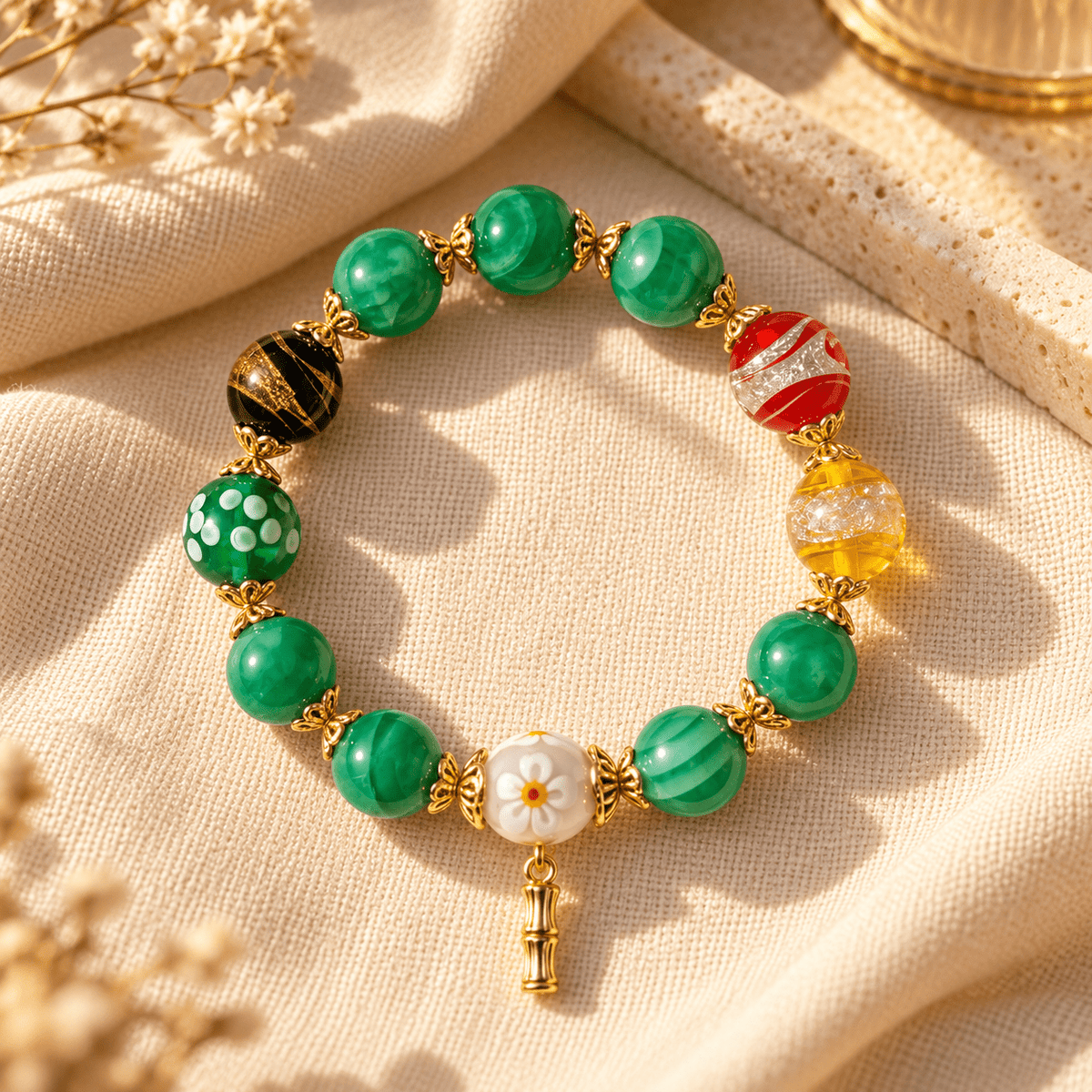 Green Candy Agate Bamboo Fortune Bracelet - Ocean Rielle Studio