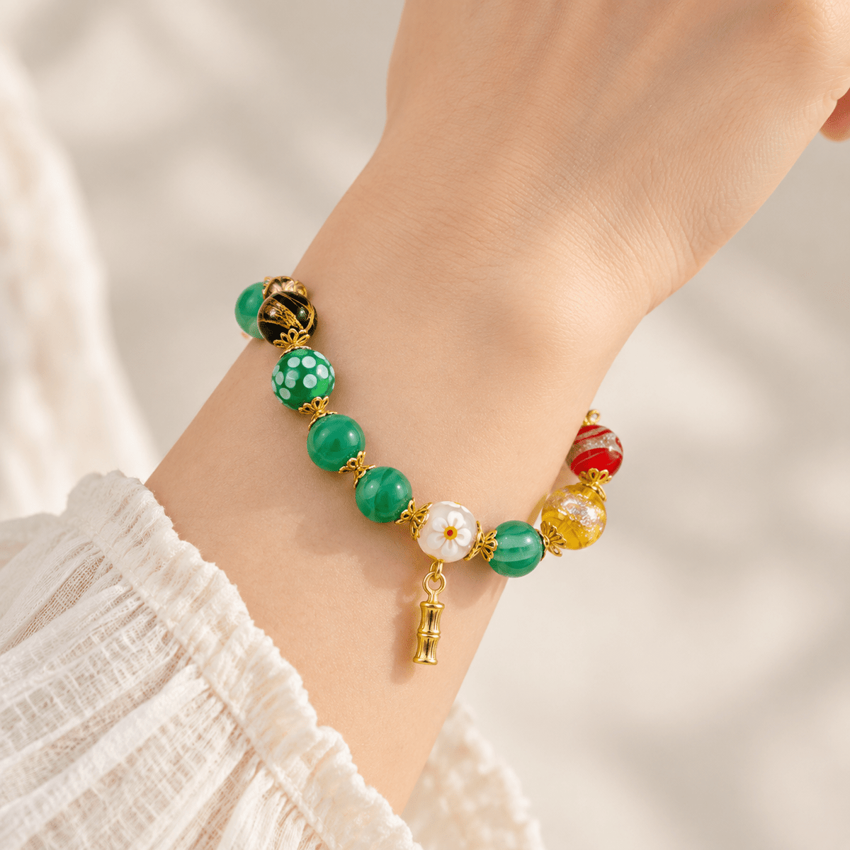 Green Candy Agate Bamboo Fortune Bracelet - Ocean Rielle Studio