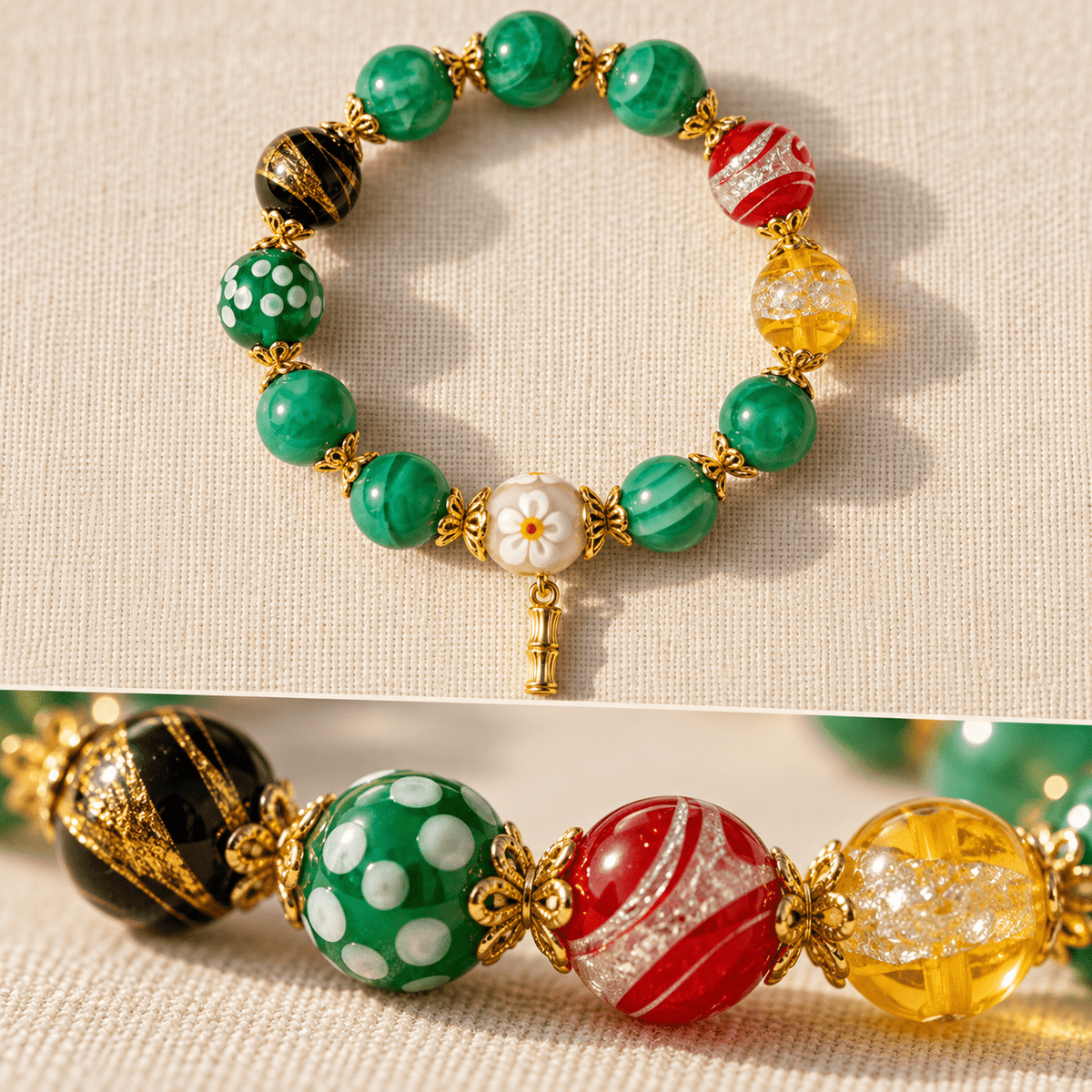 Green Candy Agate Bamboo Fortune Bracelet - Ocean Rielle Studio