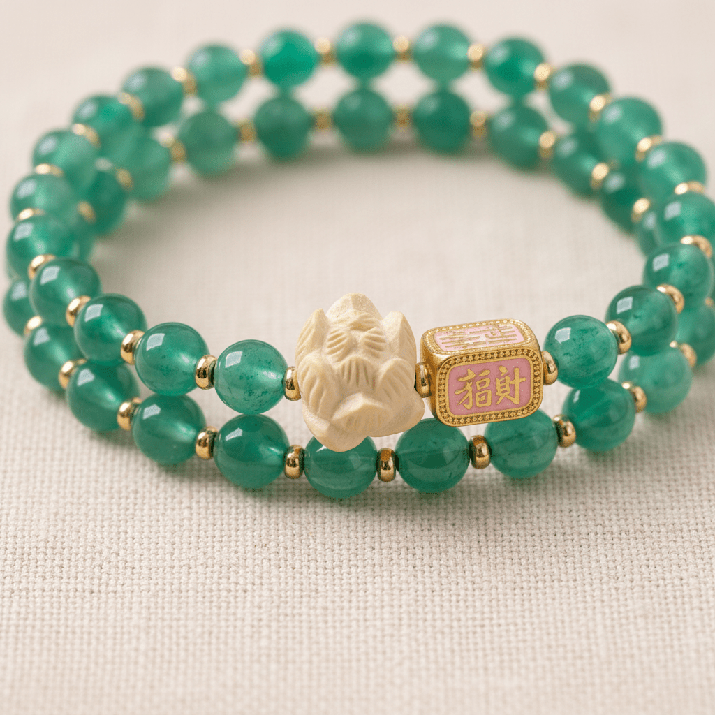 Green Candy Agate Double-Wrap Lucky Lotus Bracelet — Bloom Collection - Ocean Rielle Studio