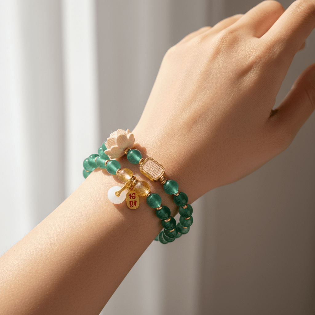 Green Candy Agate Double-Wrap Lucky Lotus Bracelet — Bloom Collection - Ocean Rielle Studio