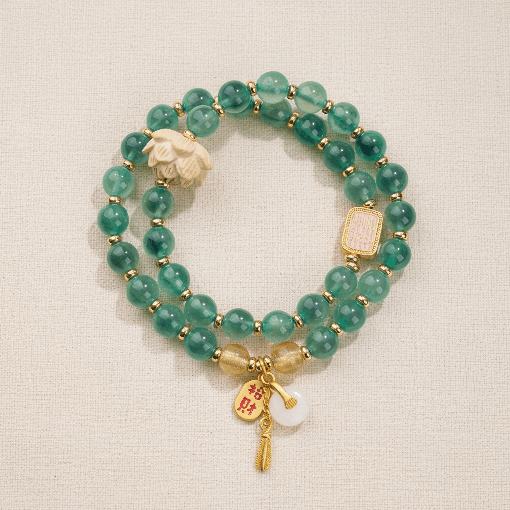 Green Candy Agate Double-Wrap Lucky Lotus Bracelet — Bloom Collection - Ocean Rielle Studio
