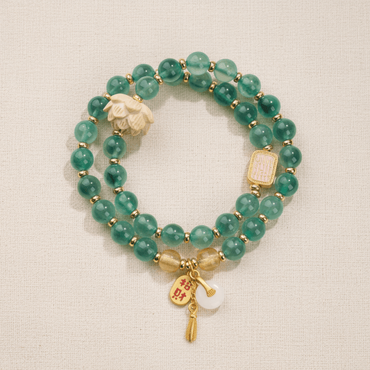 Green Candy Agate Double-Wrap Lucky Lotus Bracelet — Bloom Collection - Ocean Rielle Studio