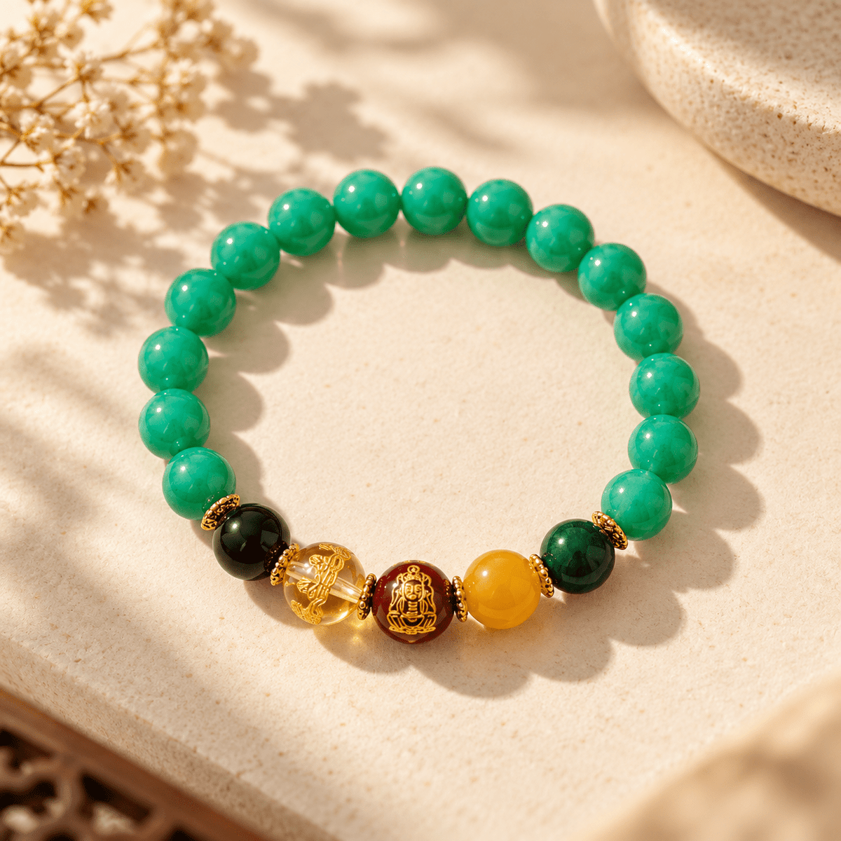Green Candy Agate Five Gods of Wealth Bracelet - Ocean Rielle Studio