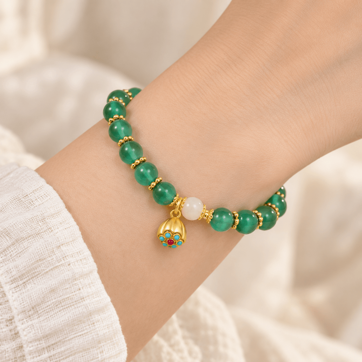 Green Candy Agate Heart Sutra Bracelet with Natural Hetian Jade - Ocean Rielle Studio