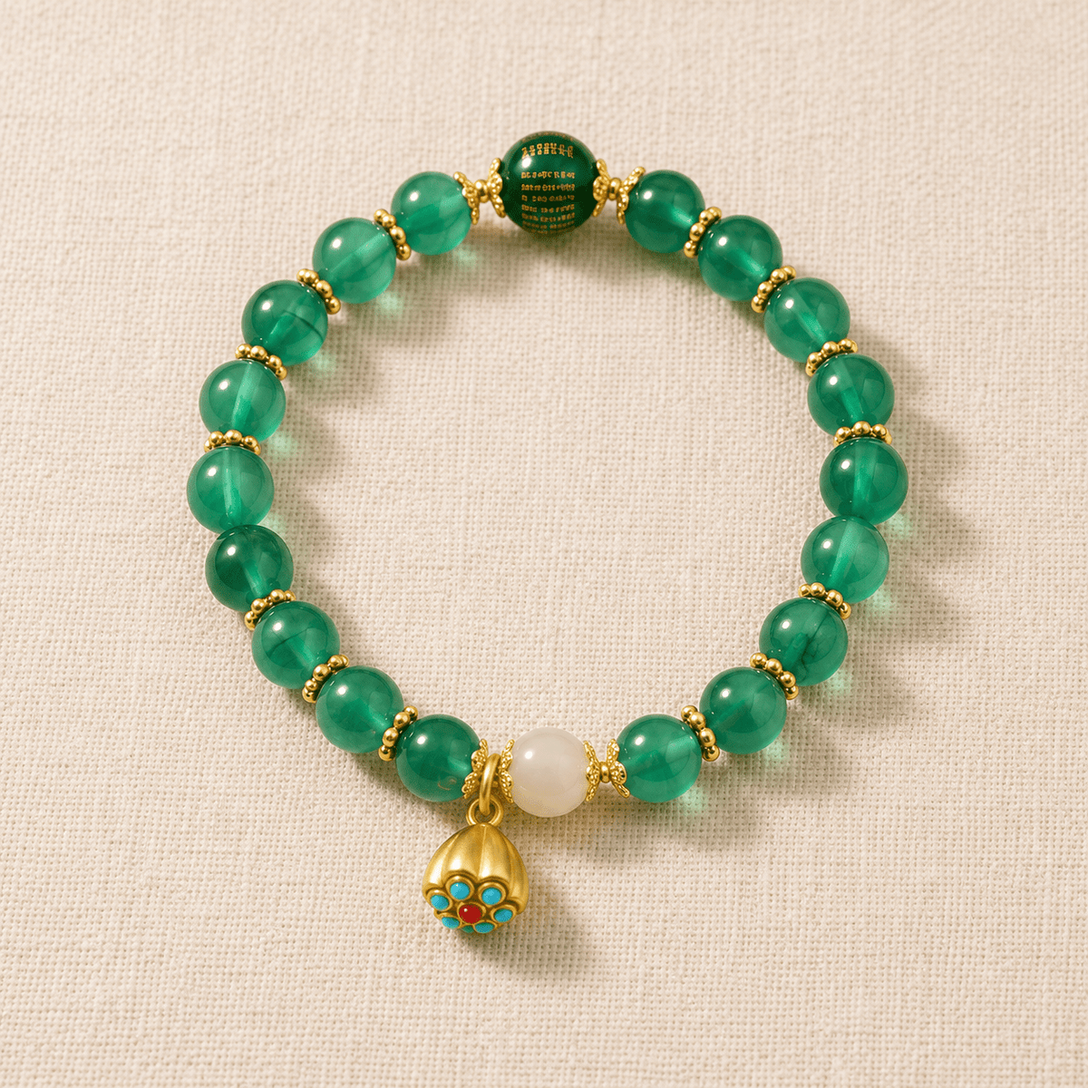 Green Candy Agate Heart Sutra Bracelet with Natural Hetian Jade - Ocean Rielle Studio