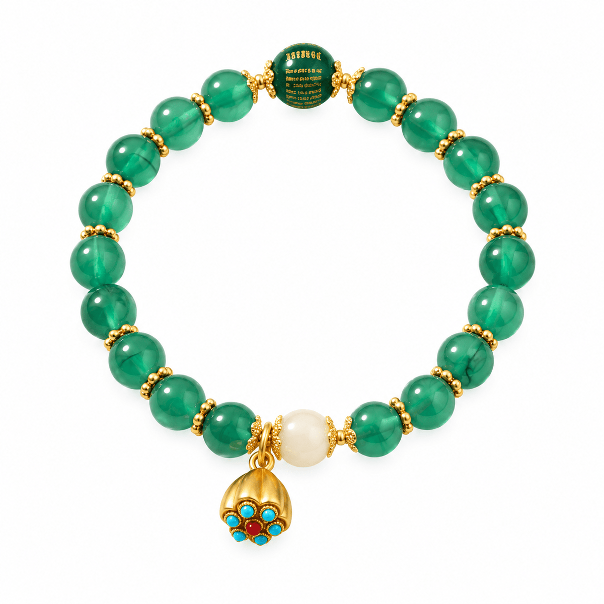 Green Candy Agate Heart Sutra Bracelet with Natural Hetian Jade - Ocean Rielle Studio