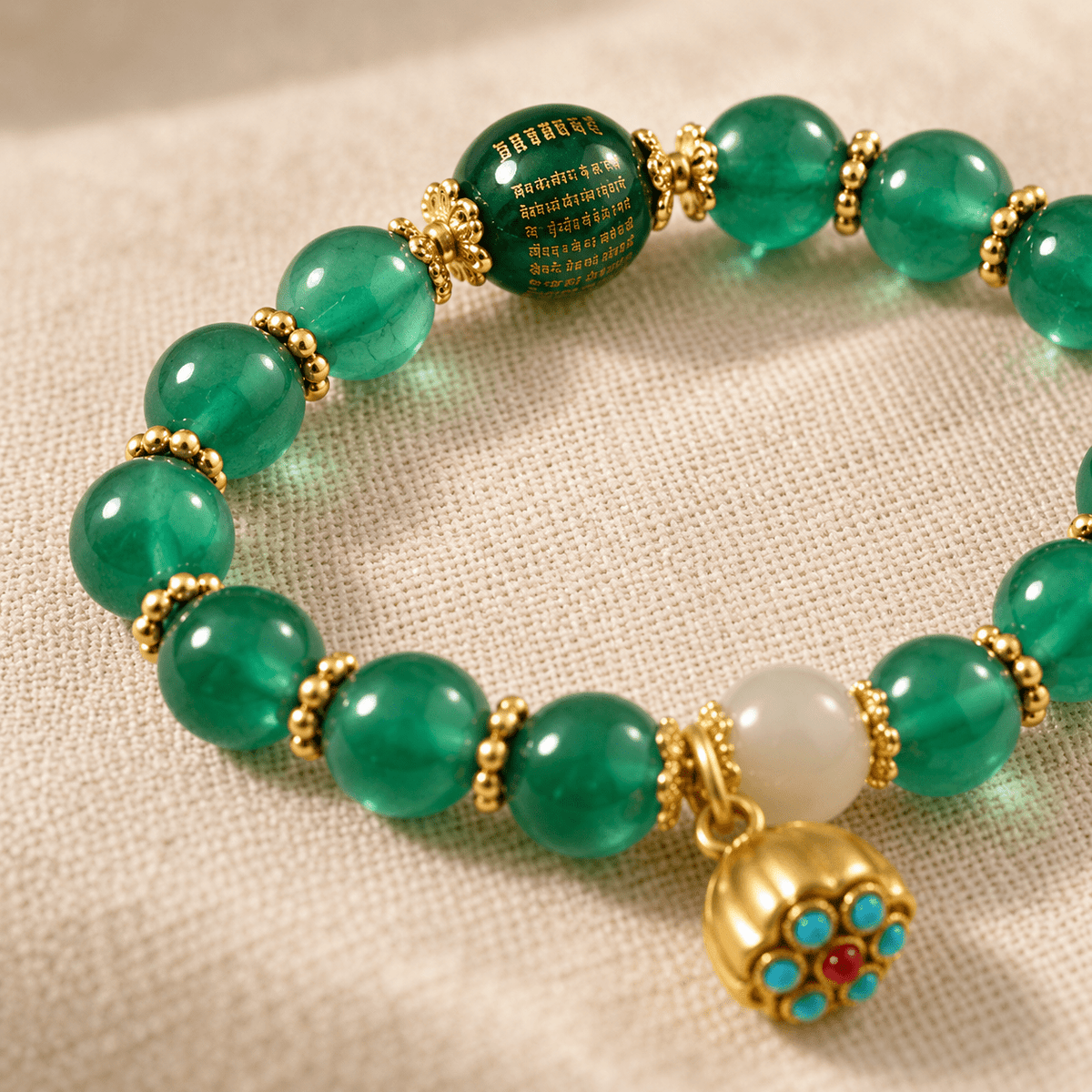 Green Candy Agate Heart Sutra Bracelet with Natural Hetian Jade - Ocean Rielle Studio