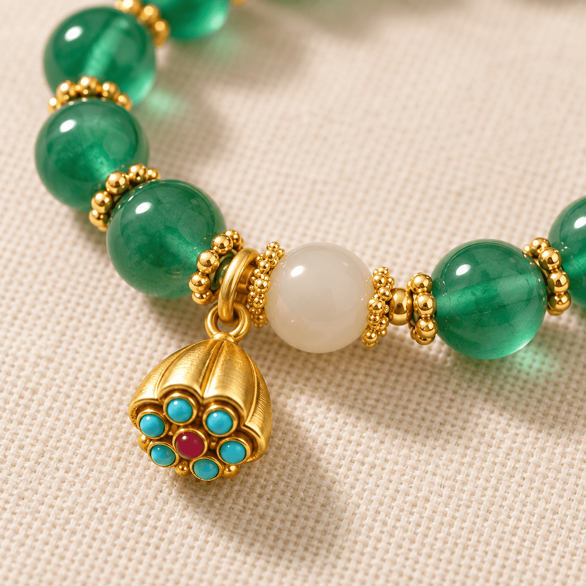 Green Candy Agate Heart Sutra Bracelet with Natural Hetian Jade - Ocean Rielle Studio