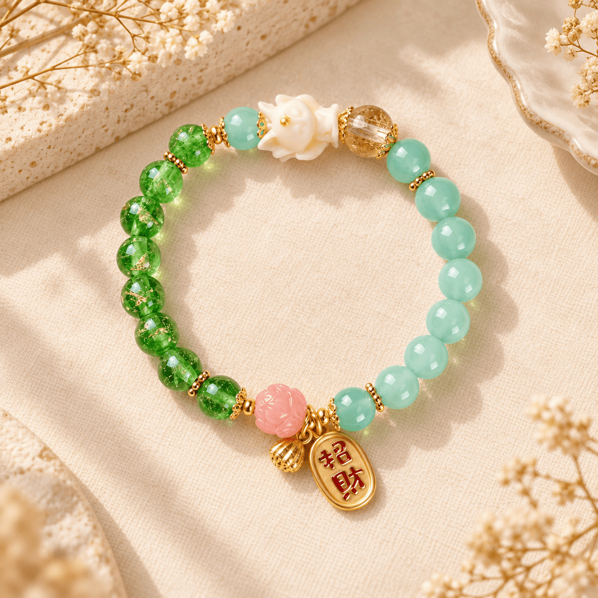 Green Candy Agate Lucky Lotus Phoenix Bracelet - Ocean Rielle Studio