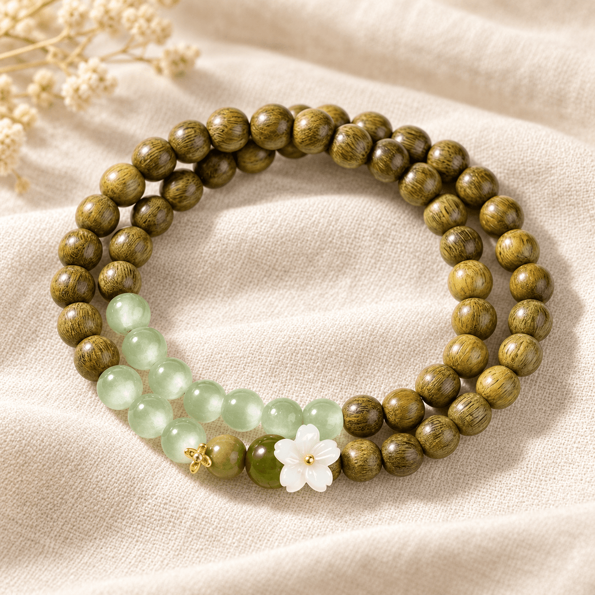 Green Sandalwood & Cat’s Eye Flower Bracelet - Ocean Rielle Studio