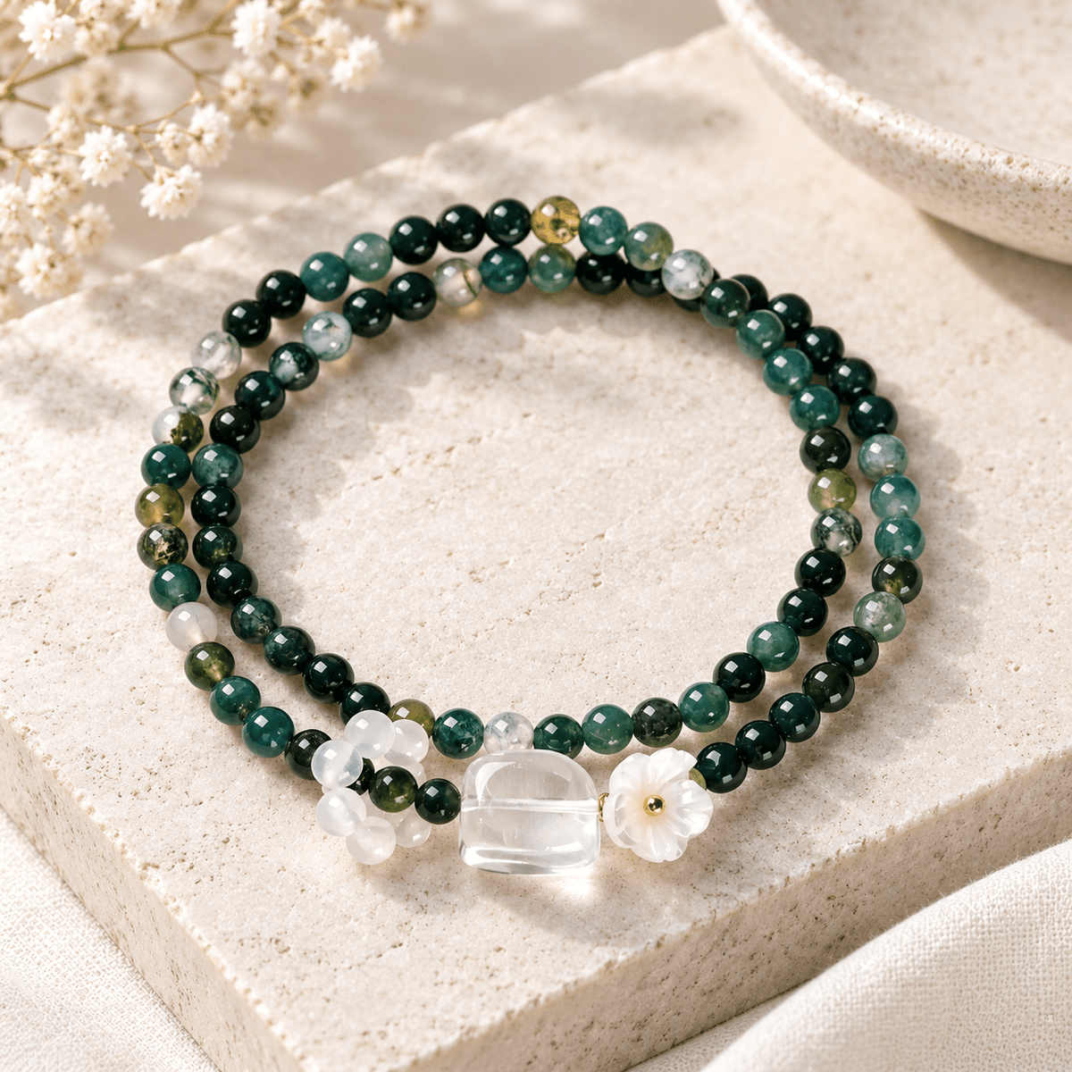 Green Sandalwood & Cat’s Eye Flower Bracelet - Ocean Rielle Studio