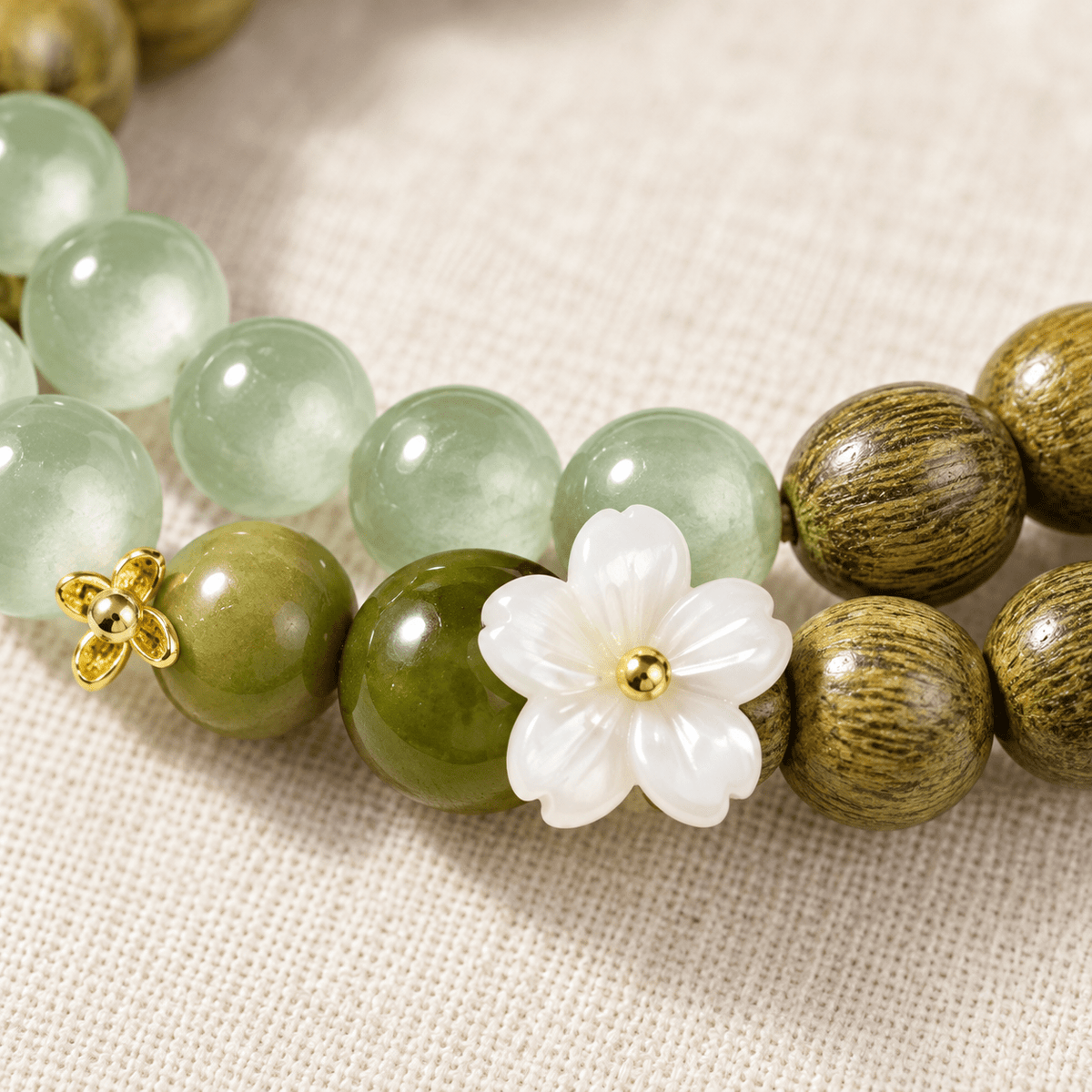 Green Sandalwood & Cat’s Eye Flower Bracelet - Ocean Rielle Studio
