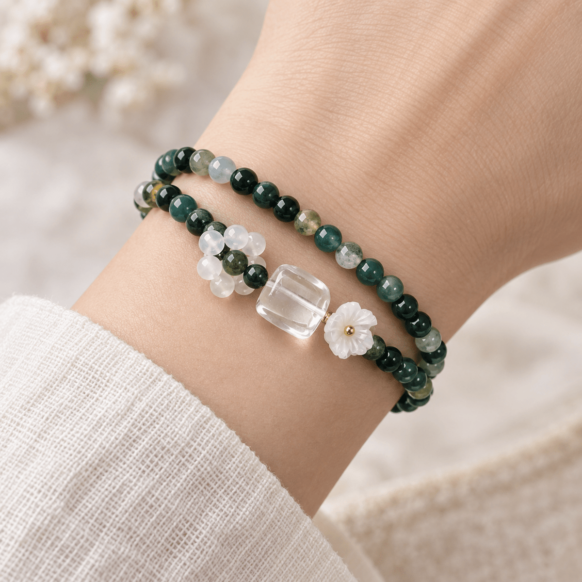 Green Sandalwood & Cat’s Eye Flower Bracelet - Ocean Rielle Studio