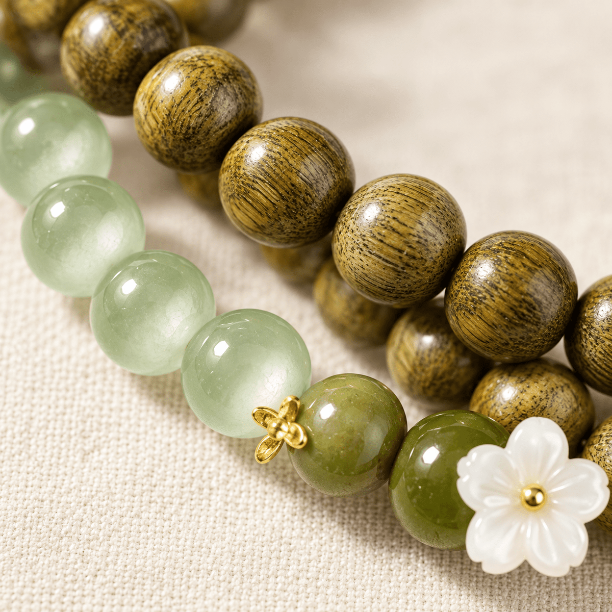 Green Sandalwood & Cat’s Eye Flower Bracelet - Ocean Rielle Studio