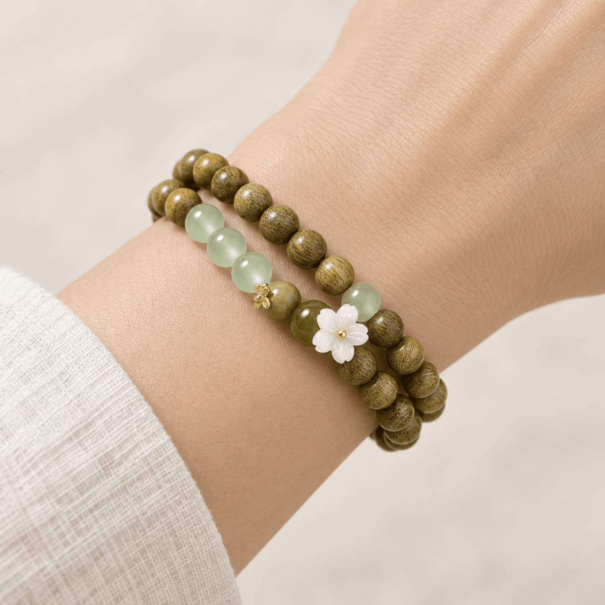 Green Sandalwood & Cat’s Eye Flower Bracelet - Ocean Rielle Studio