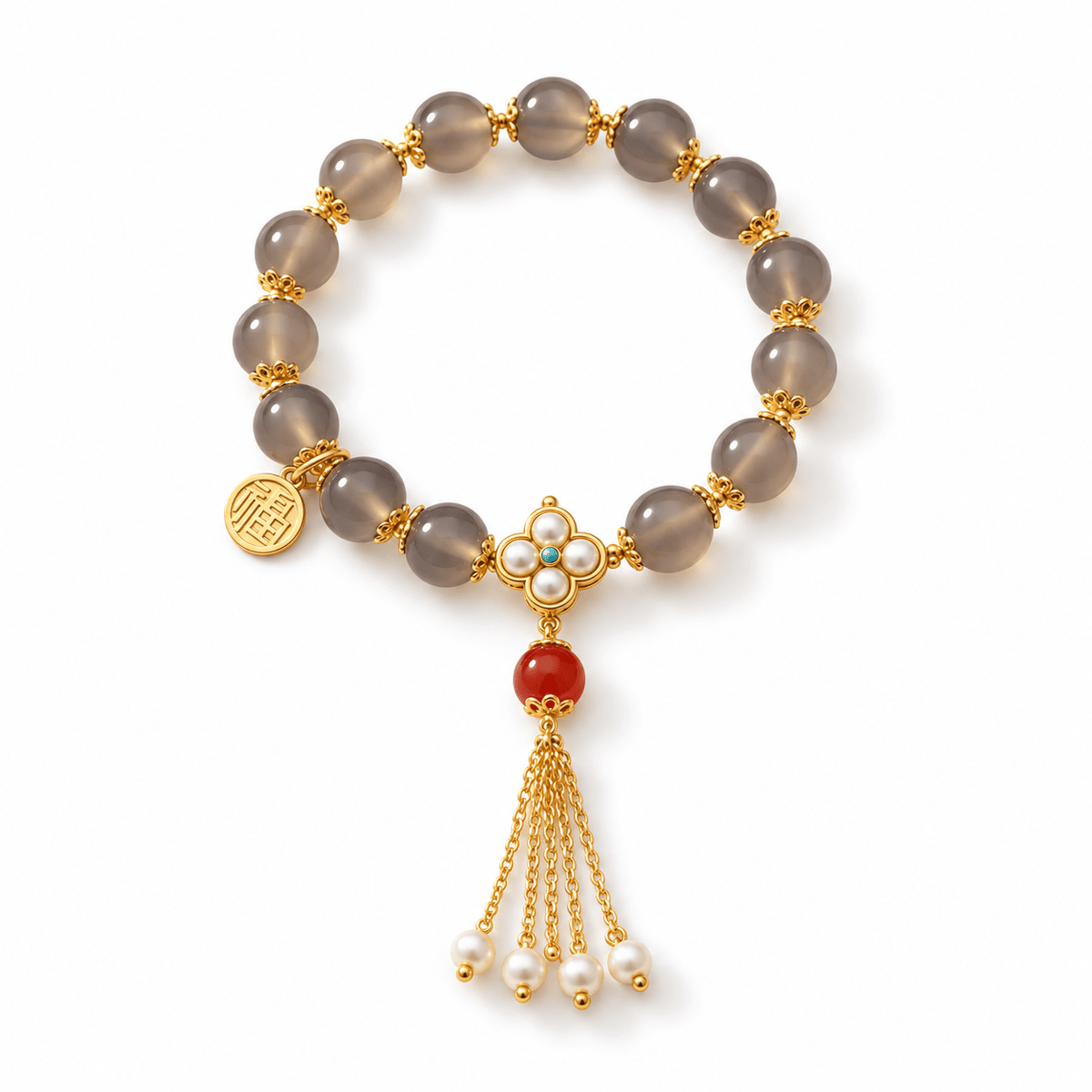 Grey Agate Clover Pearl Tassel Bracelet - Ocean Rielle Studio