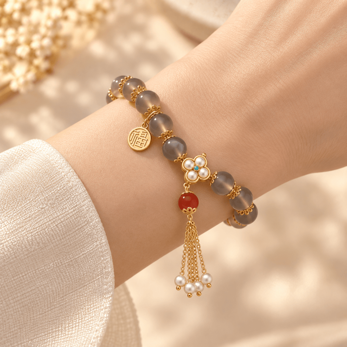 Grey Agate Clover Pearl Tassel Bracelet - Ocean Rielle Studio