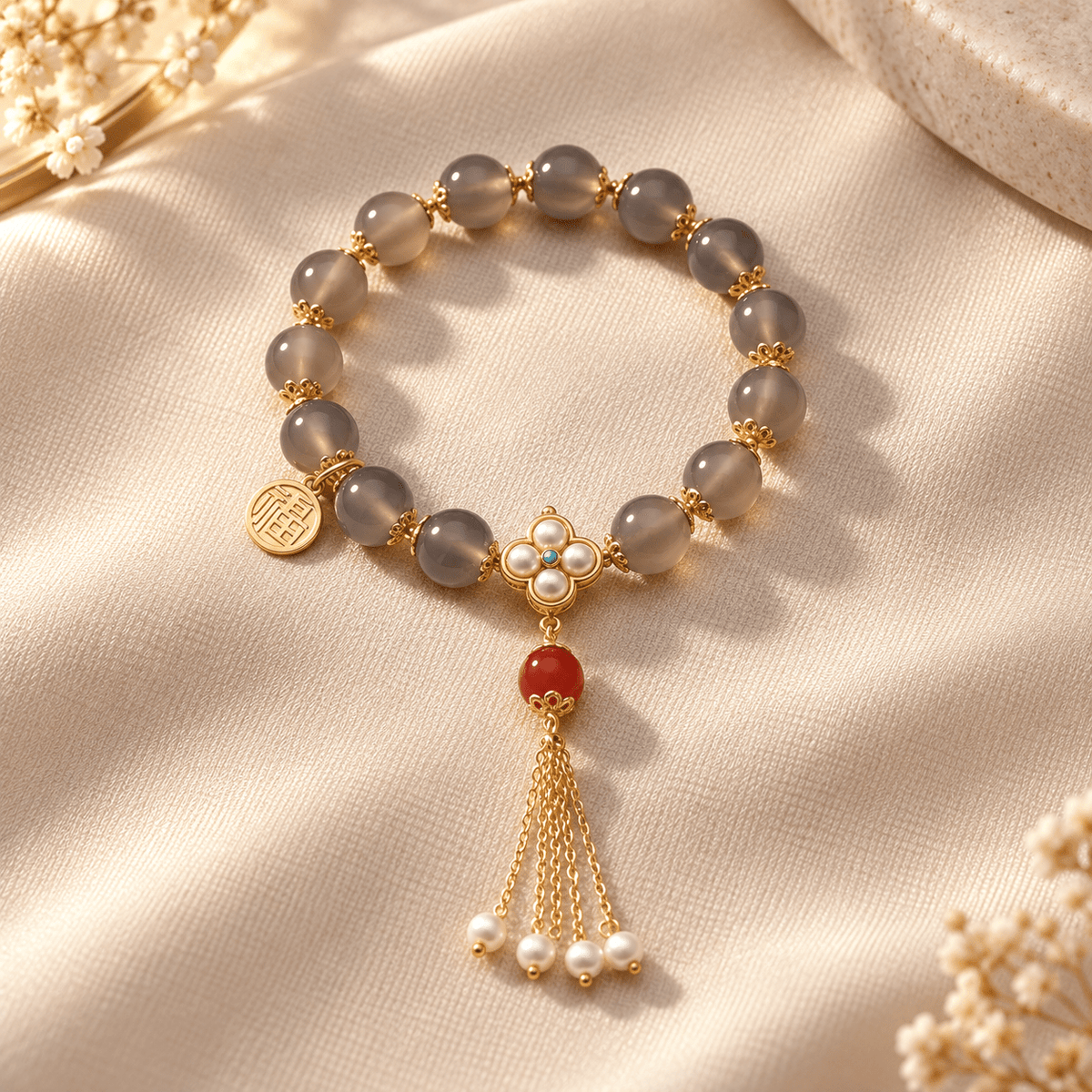 Grey Agate Clover Pearl Tassel Bracelet - Ocean Rielle Studio