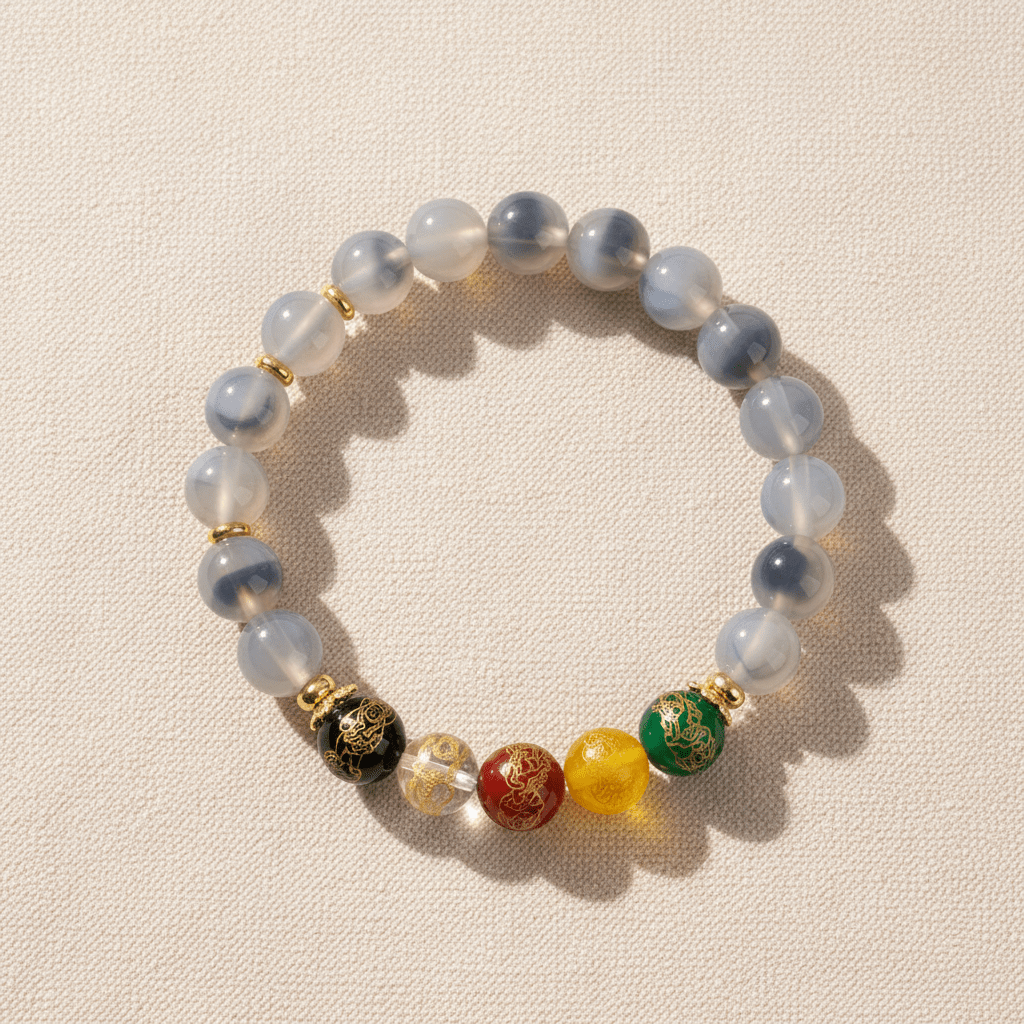Grey-White Candy Agate Five Gods of Wealth Bracelet — Radiance Collection - Ocean Rielle Studio