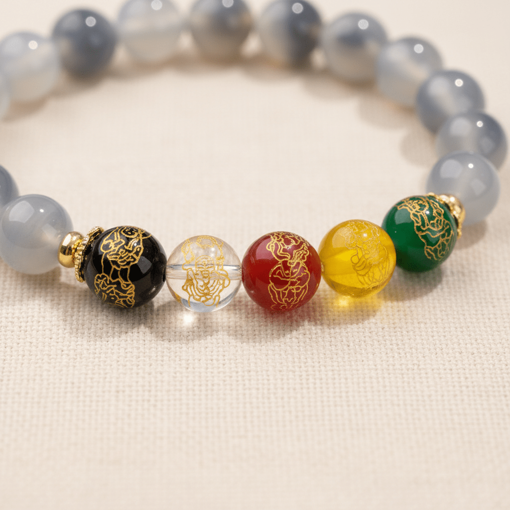 Grey-White Candy Agate Five Gods of Wealth Bracelet — Radiance Collection - Ocean Rielle Studio